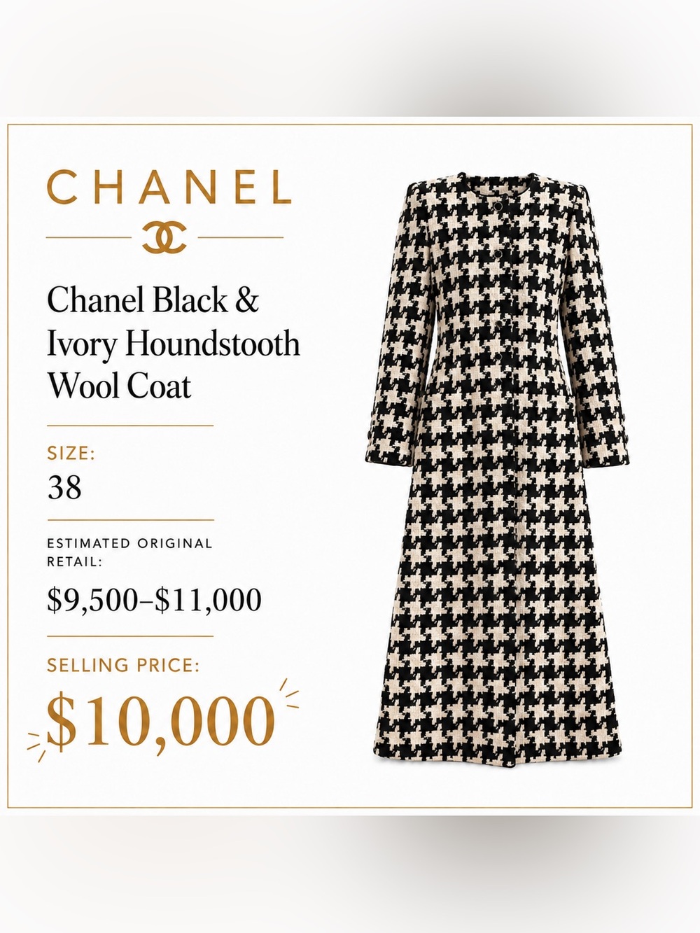 Chanel Black & Ivory Houndstooth Wool Coat - Size 38
